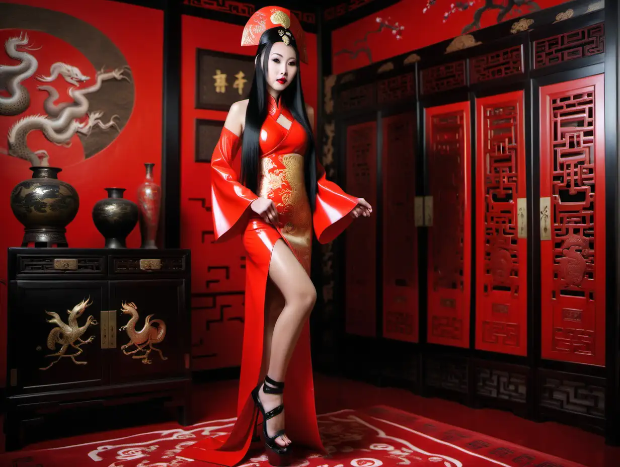 chinese girl dressed in tradintion clothing made of latex material showing latex high heels.  Standing in a tradition chinese room. with long black hair and head dress.