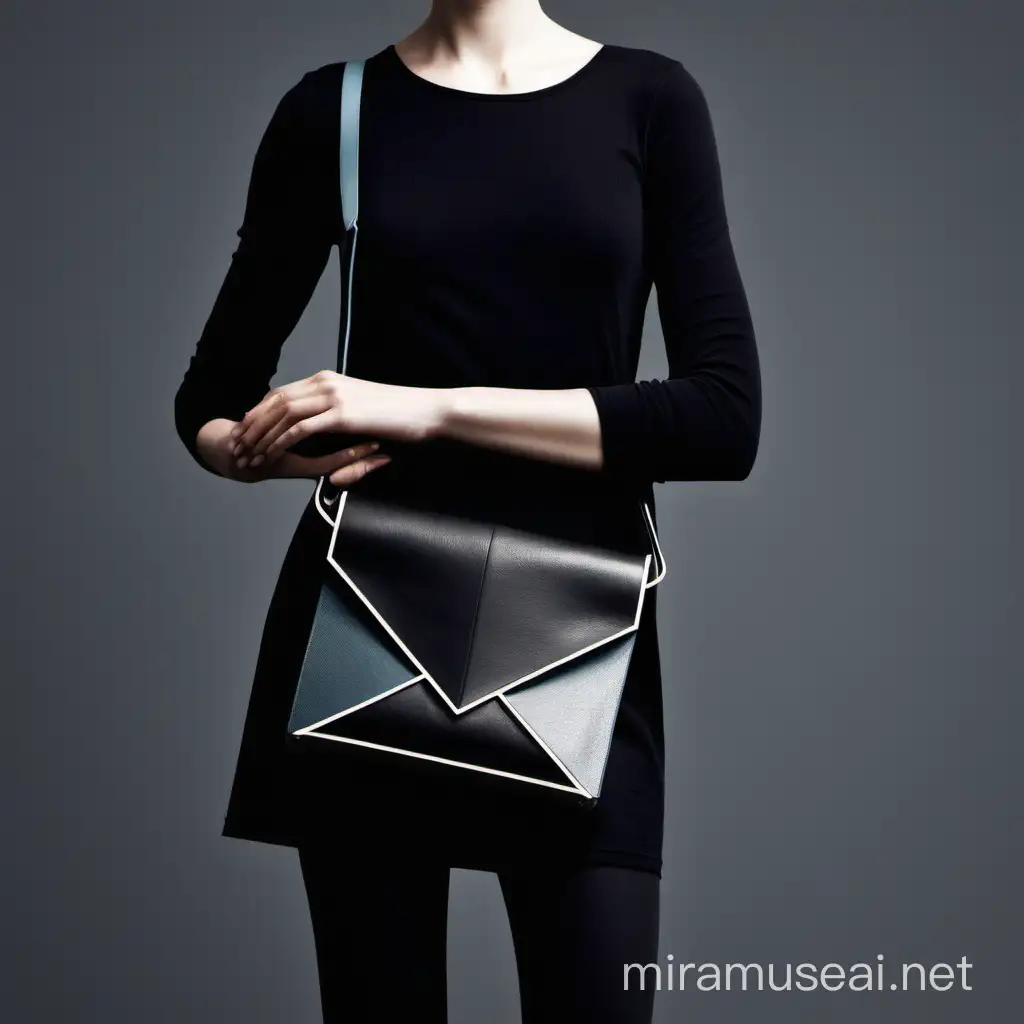 I want an idea for a nice bag in a modern minimalist style for modern women from New York in black leather. The bag should have an interesting front flap of geometric shape or geometric stitching. It's a small crossbody bag