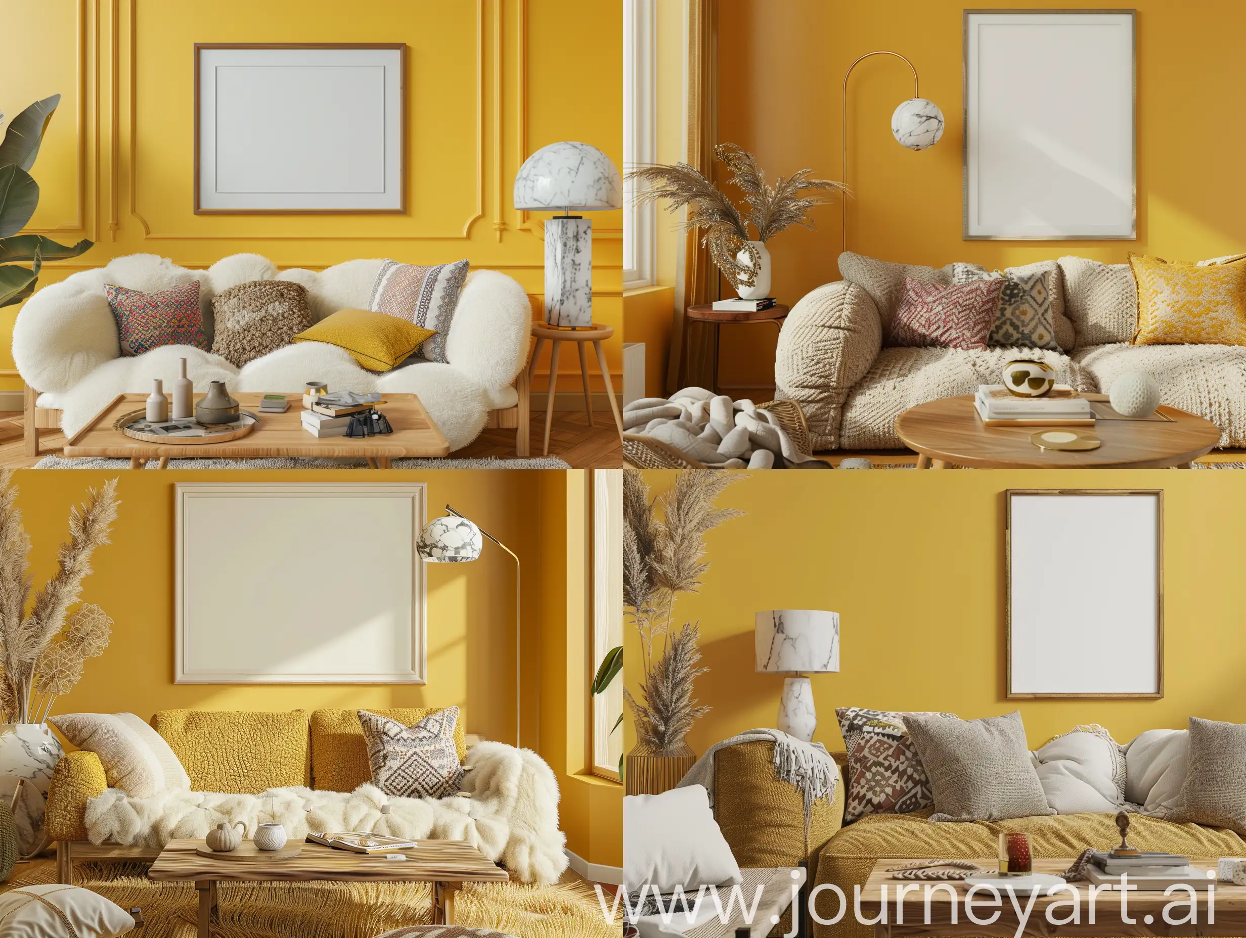 Warm and cozy living room interior with mock up poster frame, yellow wall, boucle sofa, wooden coffee table, marble lamp, patterned pillows and personal accessories. Home decor --v 6 --ar 4:3 --no 19273