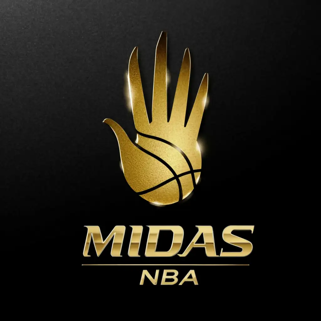 a logo design,with the text "Midas
NBA
", main symbol:A Gold hand holding a basketball, 5 fingers, black background.,Moderate,be used in Sports Fitness industry,clear background