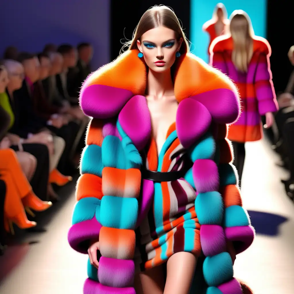 model walking down the runway, elevated fur coat, vibrant colors