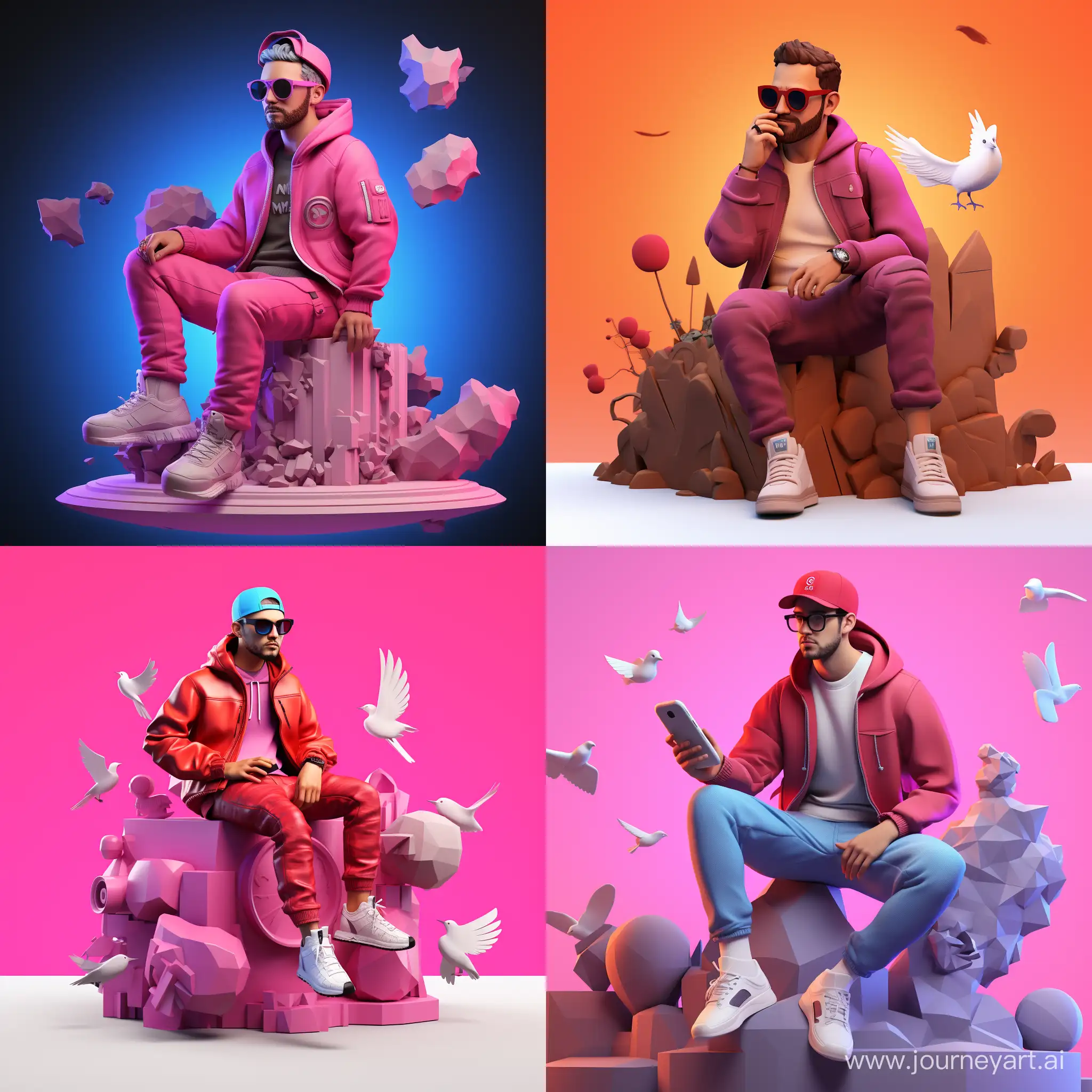 create a 3D illustration of an animated character sitting casually on top of a social media logo "Instagram". The character must wear casual modern clothing such as jeans jacket and sneakers shoes. The background of the image is a social media profile page with a user name "NIZOMIDDIN" and a profile picture that match.