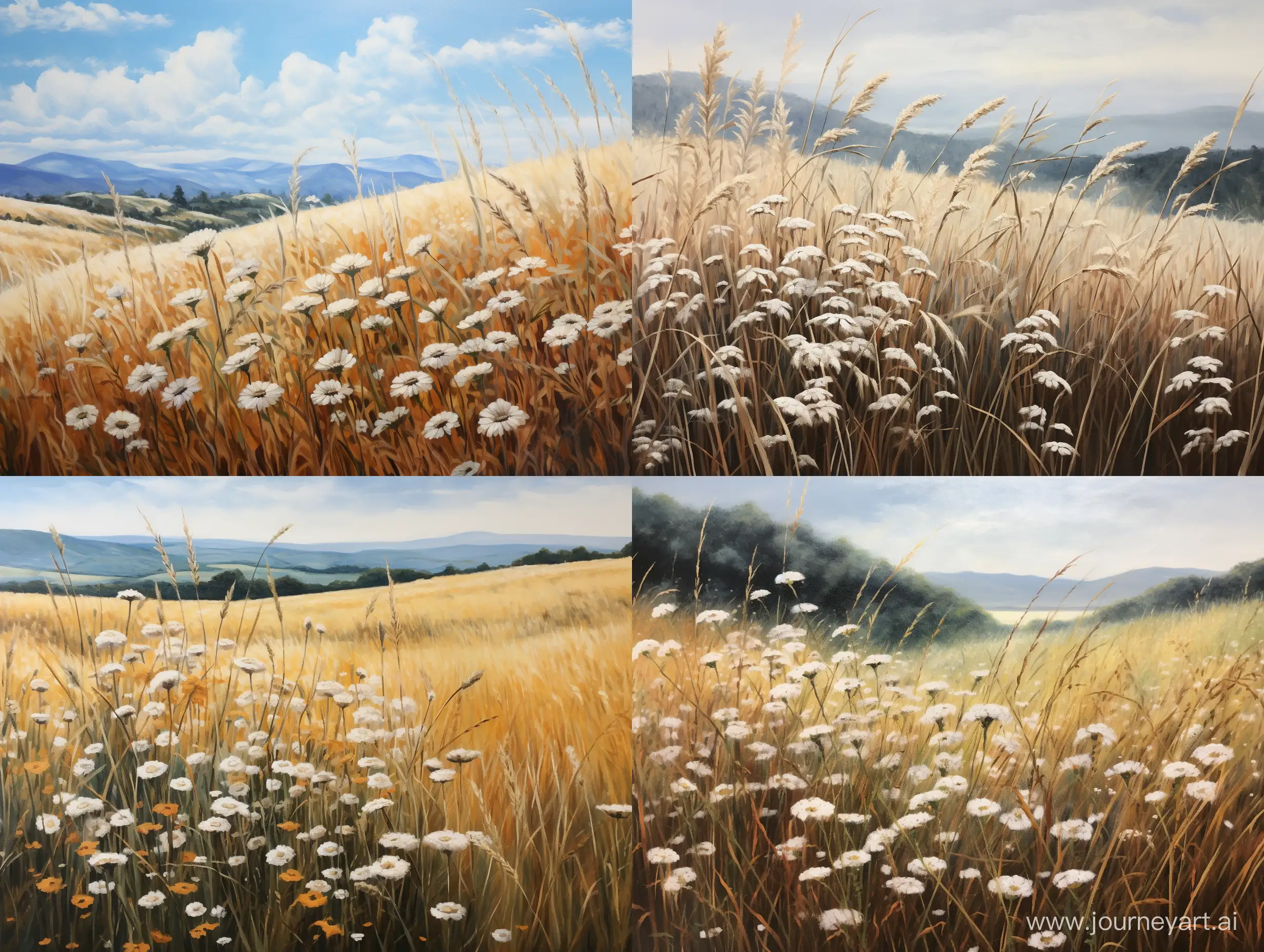 an oil painting of a hillside filled with wheat and white flowers.  --ar 4:3