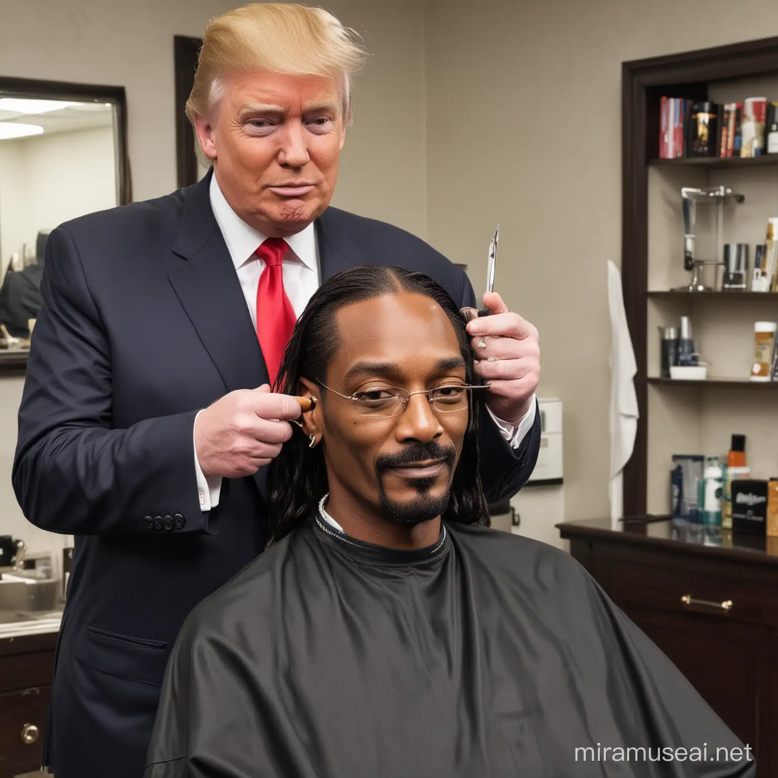 Donald Trump giving snoop dogg a haircut 