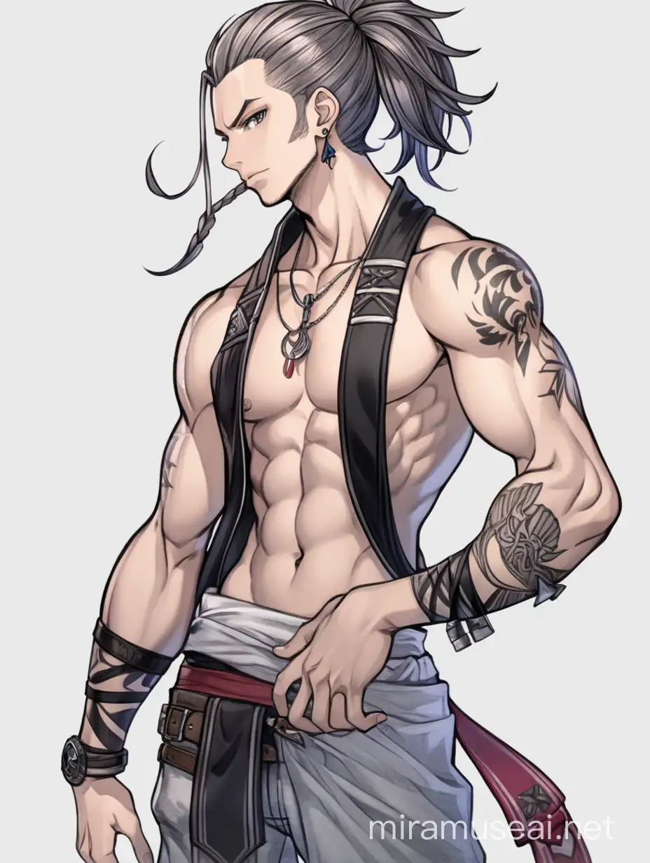 jrpg, young adult man, man bun hair, punk, scars, muscular, fantasy, another eden, full body, waist up fully in view, portrait, no background, facing slightly to the side, staring at the camera