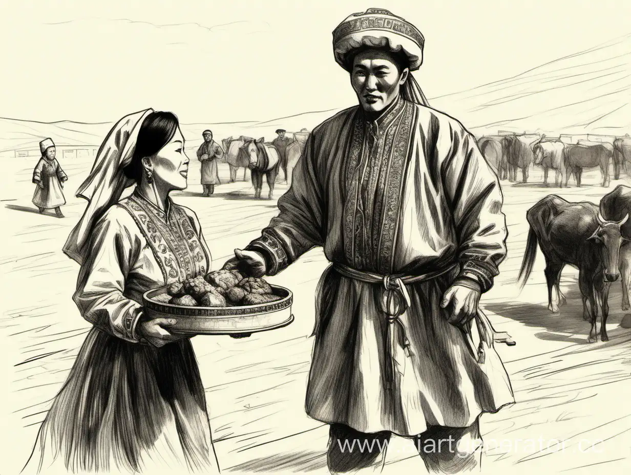 a Kazakh woman in national costume brings a tray of food to a Kazakh man in national costume. sketch
