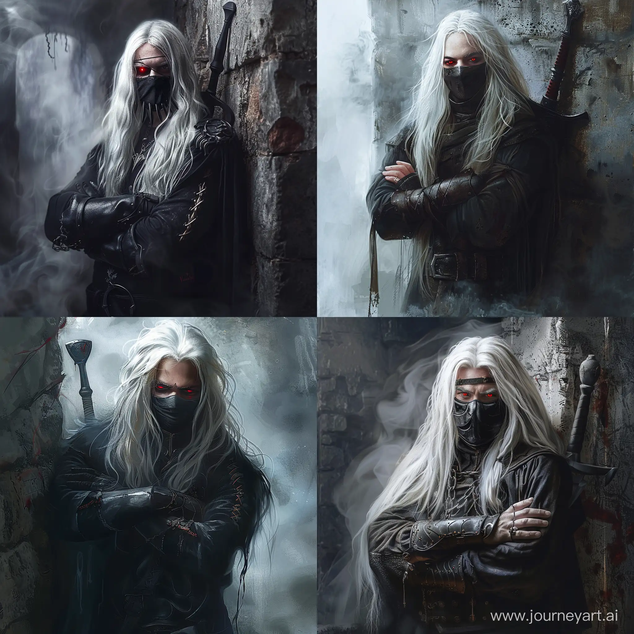 Vampire male, long white hair, leaning against the wall, arms crossed on chest, black face mask, red evil eyes, gloomy smile, iron sword behind his back, dark dungeon, fog, dark fantasy art