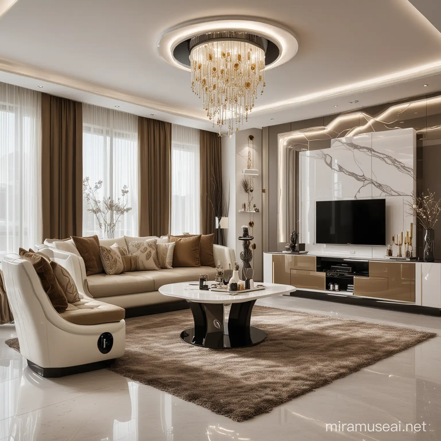 Luxury Futuristic Living and Dining Room Set 2025 Khaki Anthracite and Champagne Color Scheme