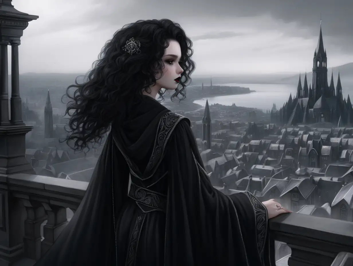 Dreaming city, beautiful, royal attire black curly hair, pale skin, grey eyes, dreaming city, black robes, female, black make up, black mascara and lipstick, angered look on her face, robes, wideshot, overlooking the city, victorian, looking away from camera