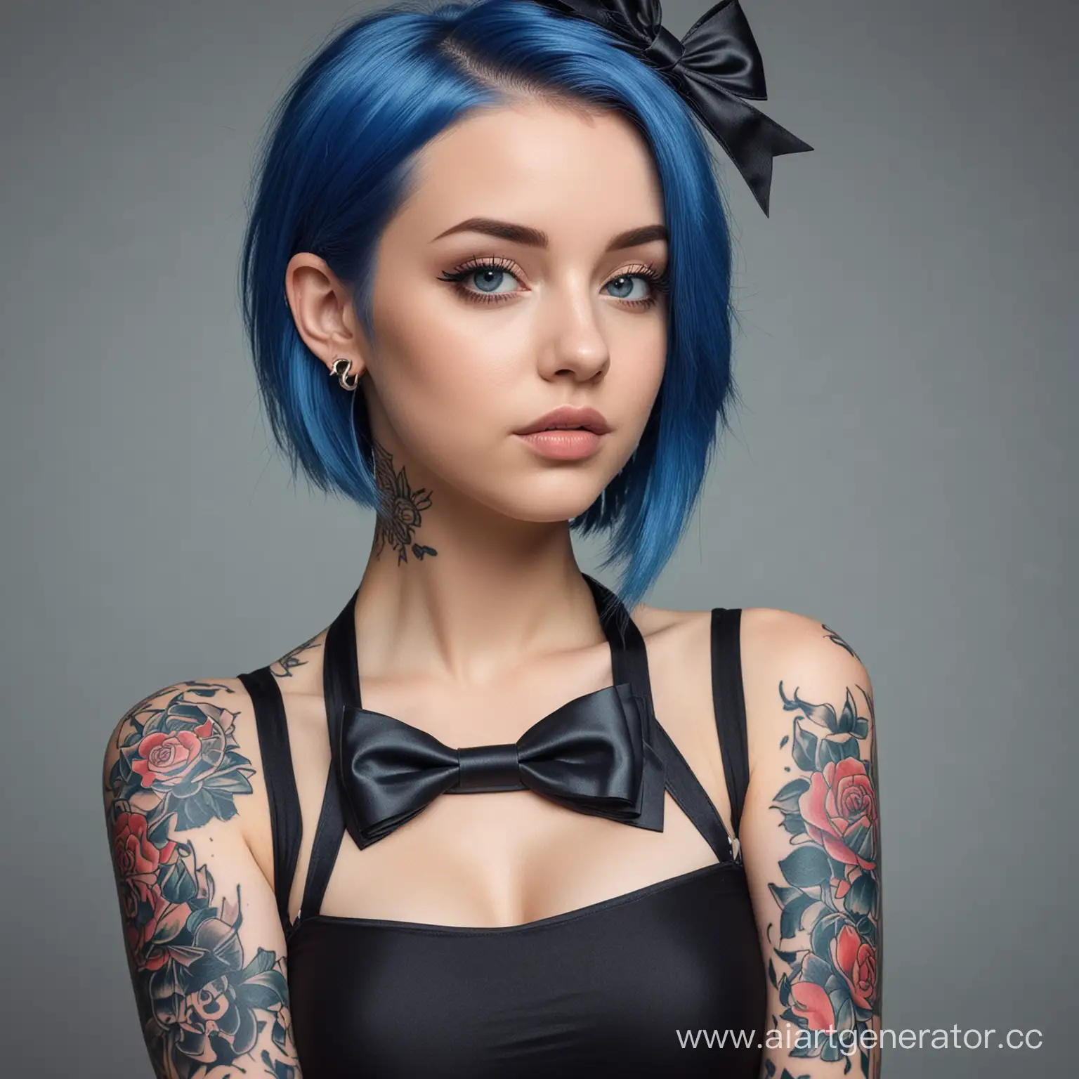 Низкорослая девушка с синими волосами, блочным луком, в облегающей одежде, красивые татуировки
