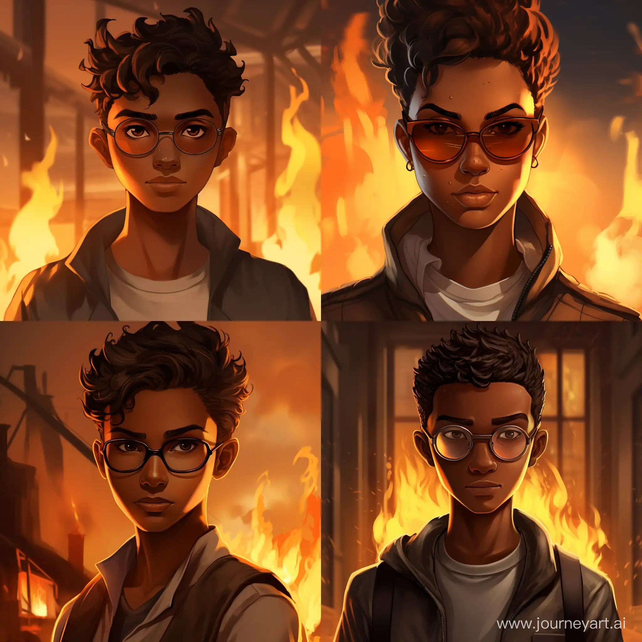 An evil teenager with brown skin and straight short hair brushed to the side and thin glasses that can control fire