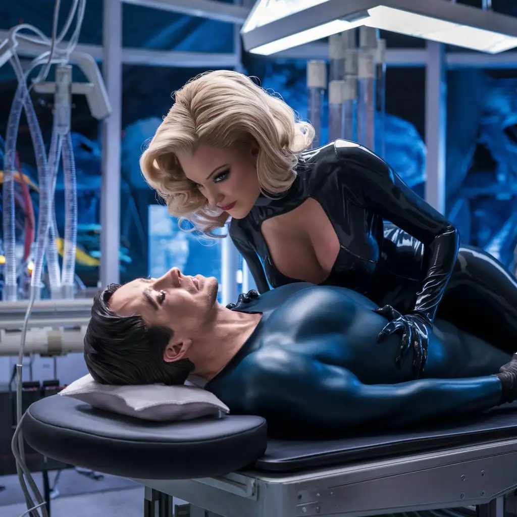 Beautiful laboratory, beautiful busty  Super villainess, long blonde hair, in latex leaning over, helpless handsome male super hero, lying medical table, Beautiful face