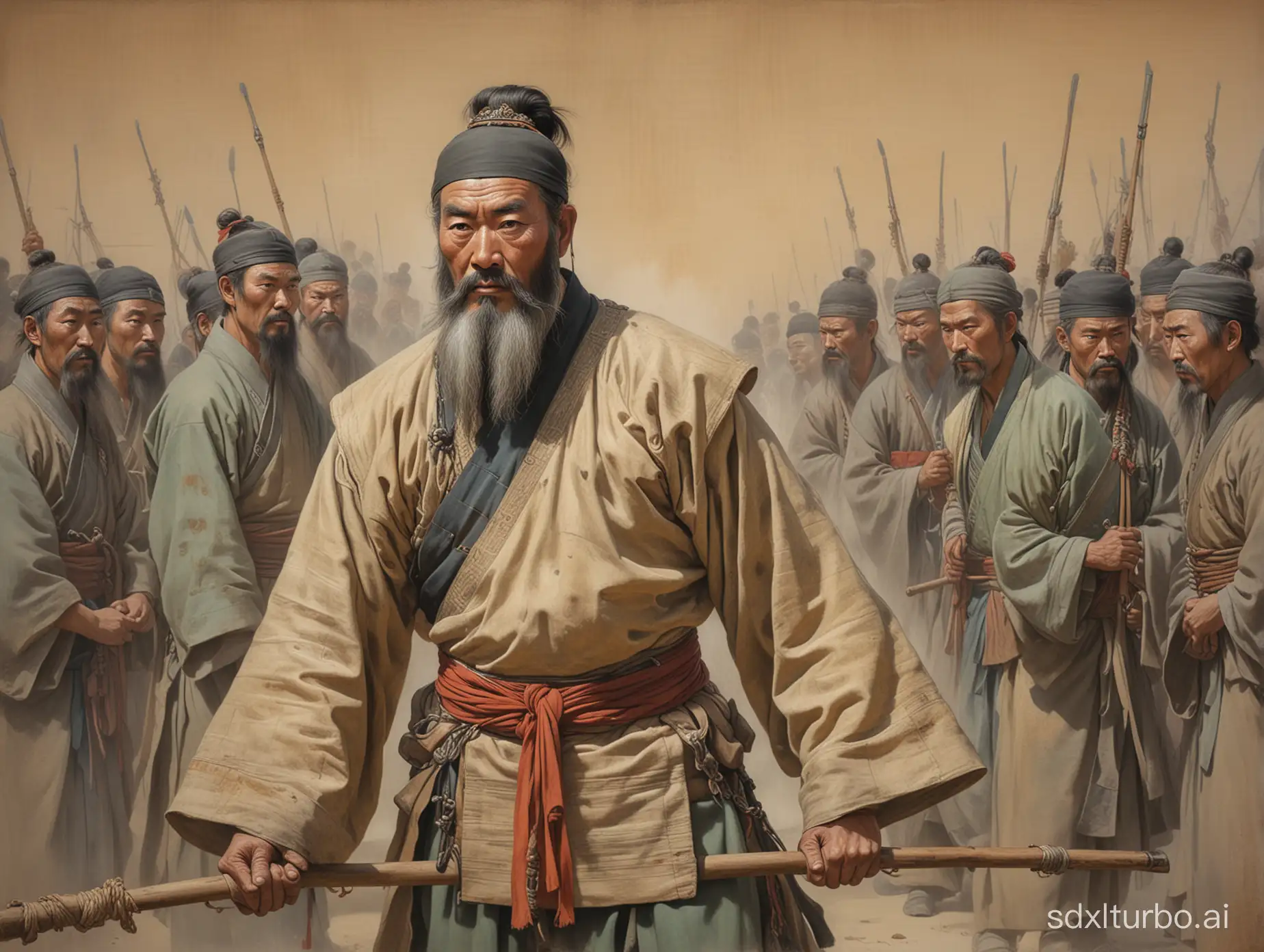 A bearded Chinese Han Dynasty general was tied up and held by soldiers, standing with an angry look, full body picture. Chinese pastel meticulous painting, horizontal drawing.