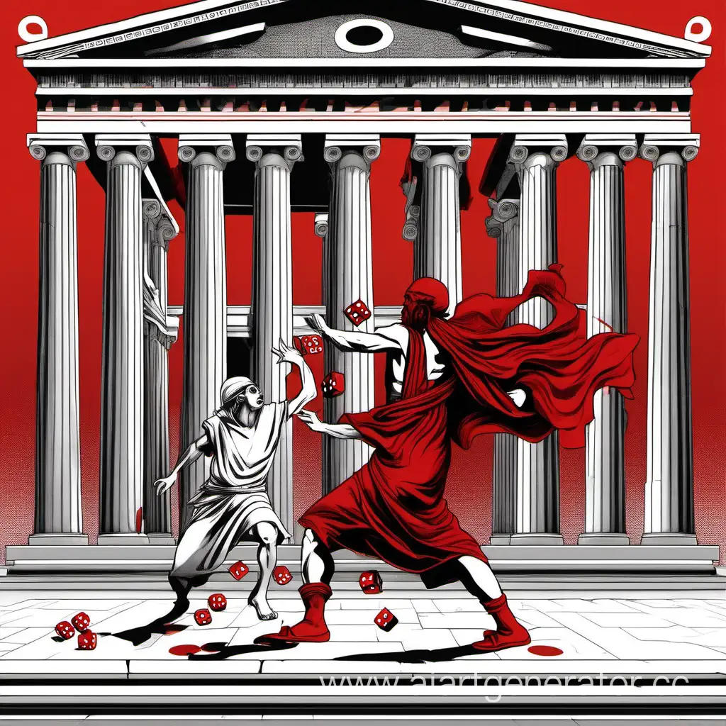Человек сражается в греческом храме с духом у которого вместо головы красная игральная кость 