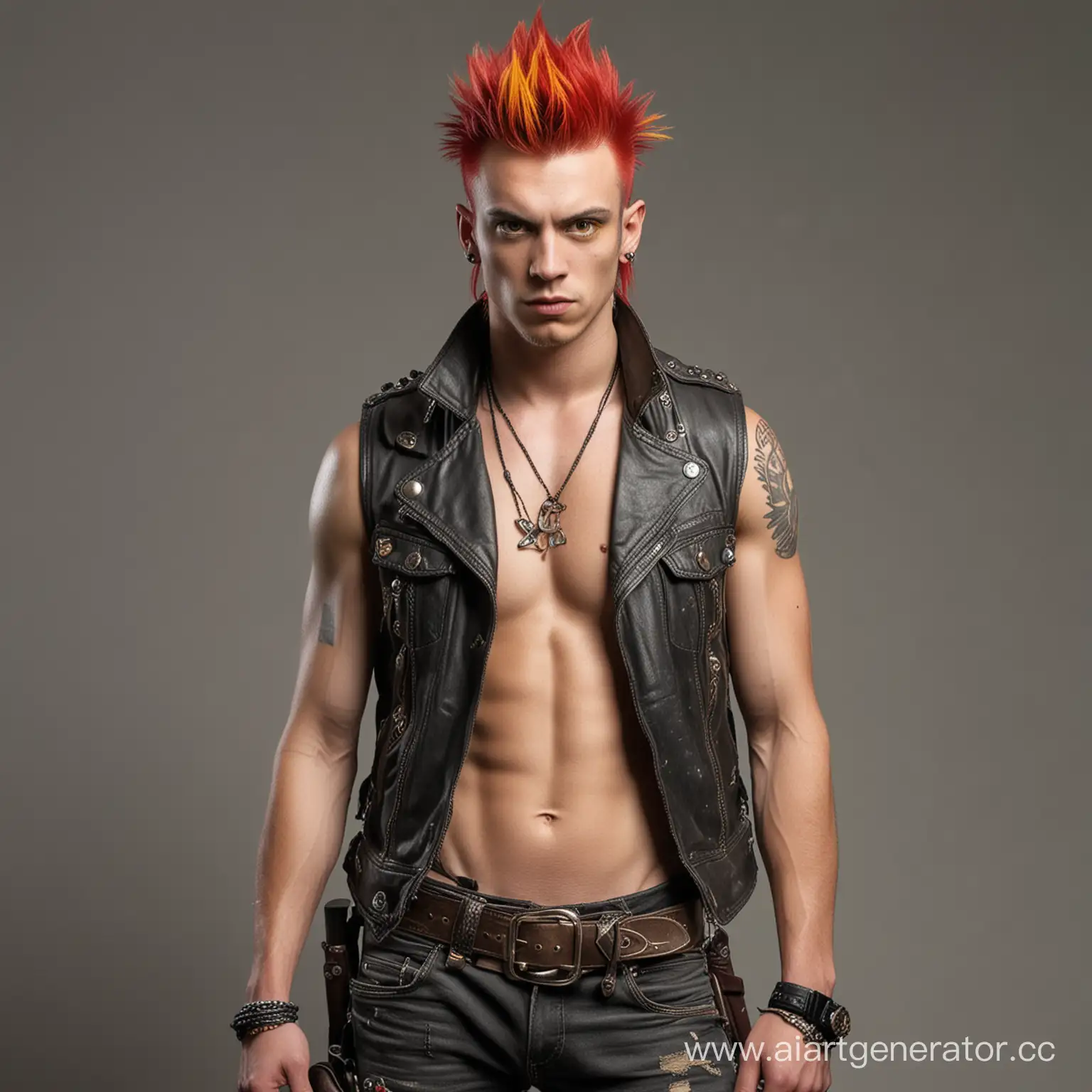A young guy, a rocker, with a guitar on his back and a pistol in his hands, he has a long, red mohawk and yellow, bright eyes. Dressed in a vest with a bare torso and combat boots.