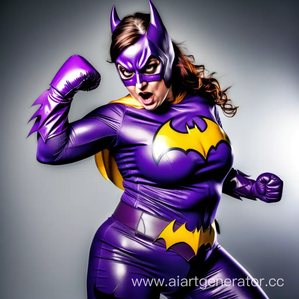 Sweaty Curvy woman with brunette hair dressed in a purple batgirl costume throwing a punch.
