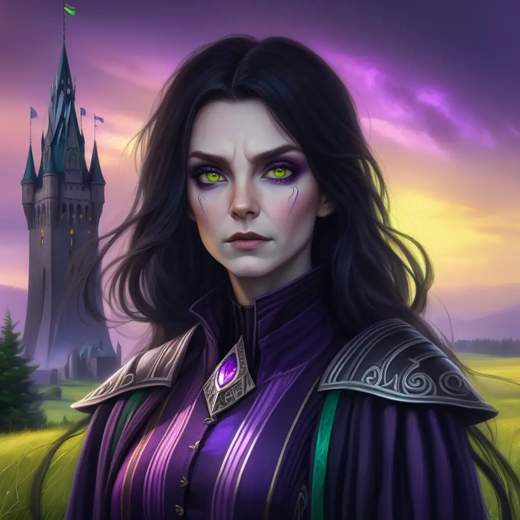 Dark haired woman. Pale skin. Intense stare. Magical background with a tower. Dark clothes with purple and green stripes. Yellow eyes. Fantasy setting. Face looking scandinavian.
Looks 40 years old.