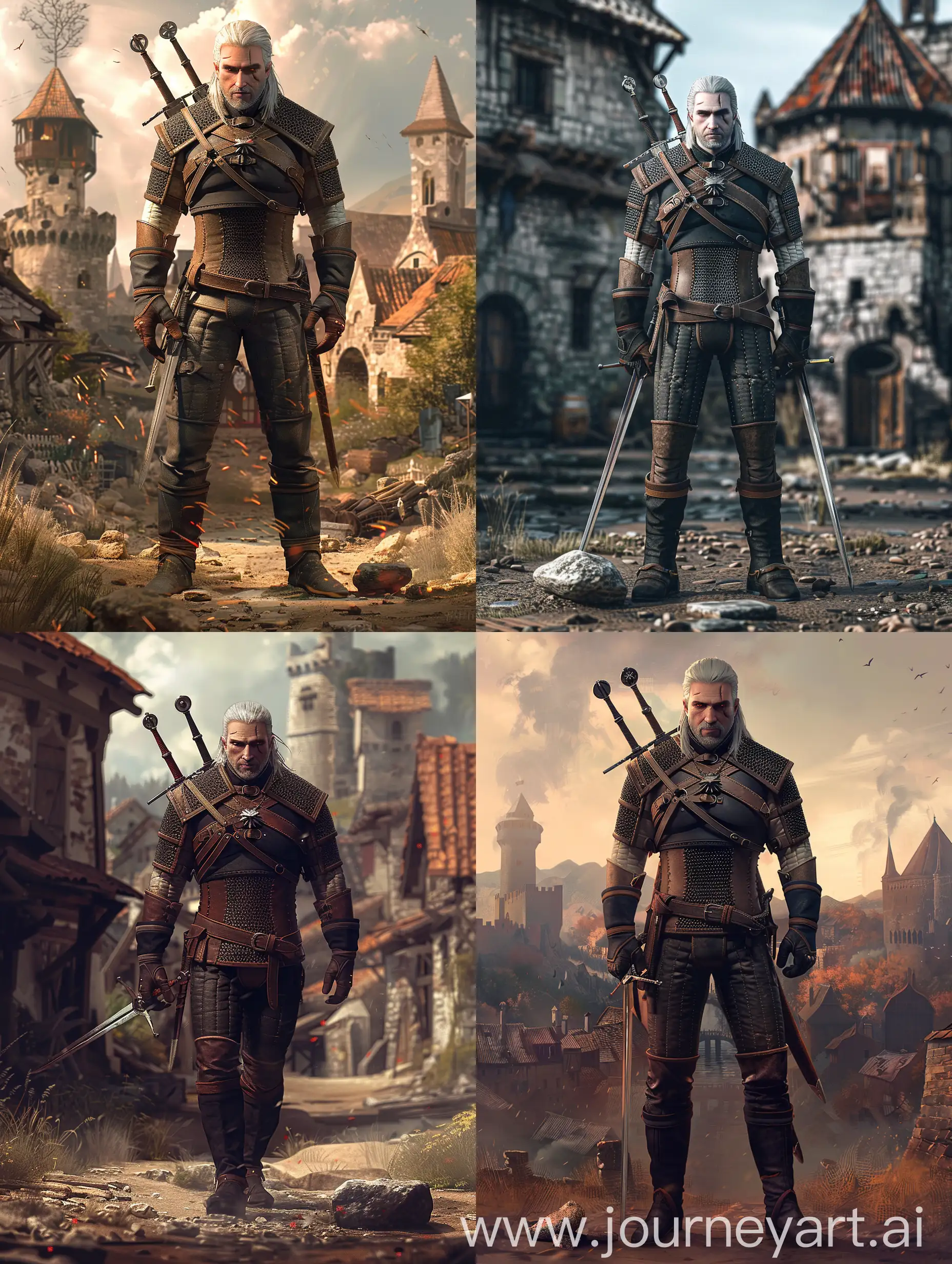 Geralt in the style of the game The Witcher 3, full-length image of the character, super realistic in 4K resolution, very detailed, detailed background of the medieval city of Novigrad, 2 swords behind his back, a small stone lies near his feet, looking forward 