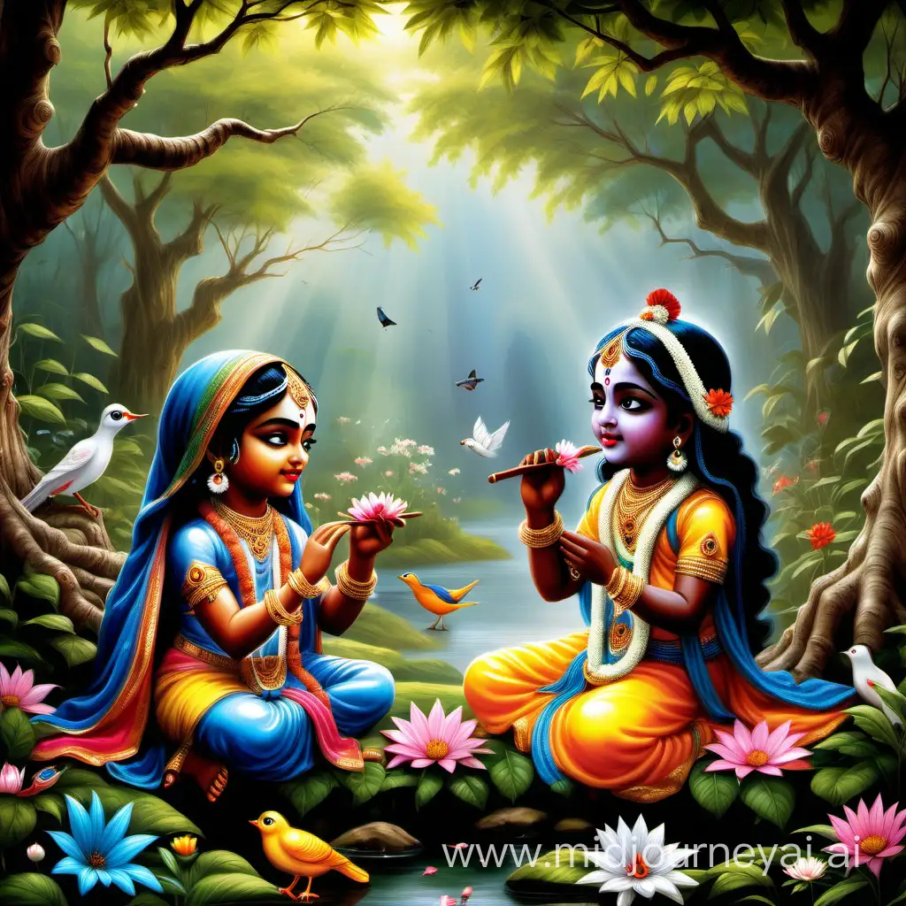 Envision Little Radha and Krishna surrounded by nature—perhaps sitting under a tree, picking flowers, or feeding birds together. Nature often serves as a serene backdrop for their interactions