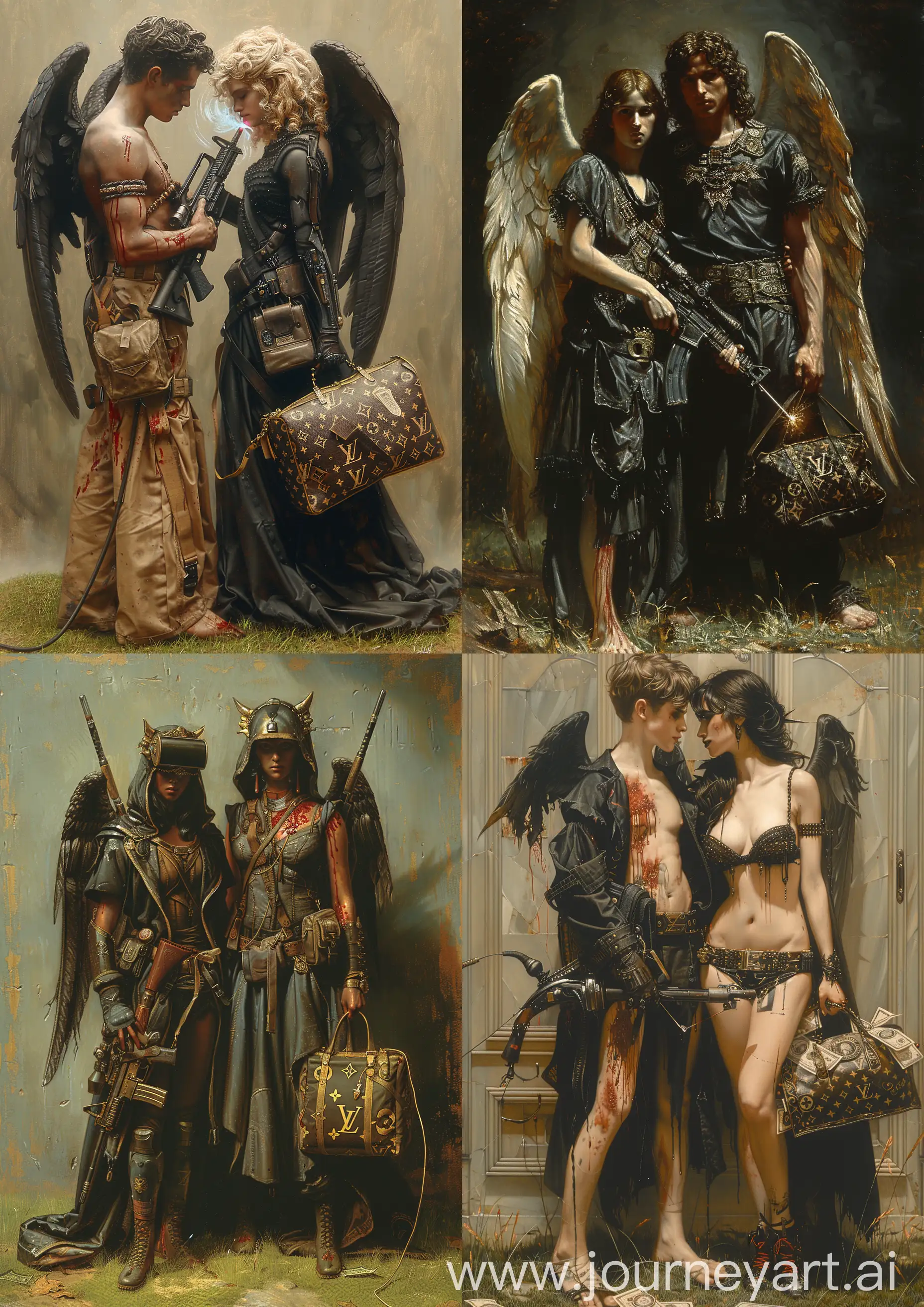 Edward Burne-Jones painting of  a male and a female angels warrior in a futuristic retro sci-fi scary black clothes ornate with blood, welding an M16 rifle and a Louis Vuitton bag full of money, standing on grass, brillant tones, detailed, full body --c 22 --s 750 --v 6.0 --ar 5:7