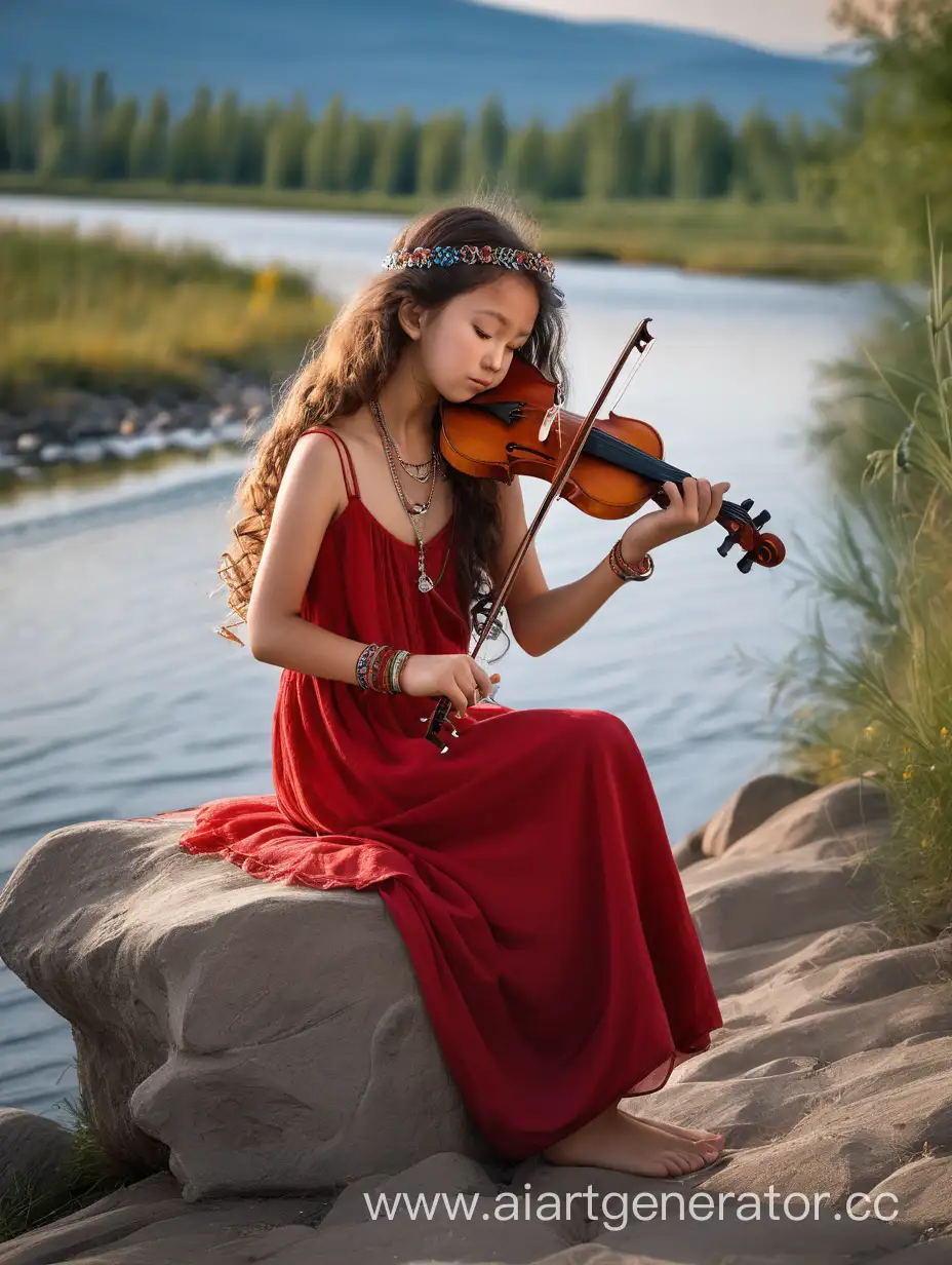 Buryat-Girl-Playing-Violin-by-the-River-in-Red-Dress