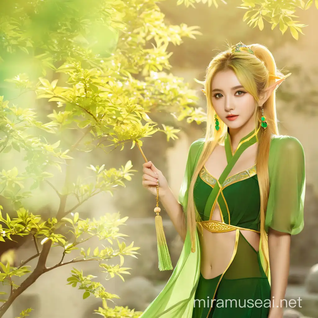 金色长发的精灵，马尾辫，额头戴绿宝石，绿色低胸裙，绿色的眼睛，中式可爱的面容