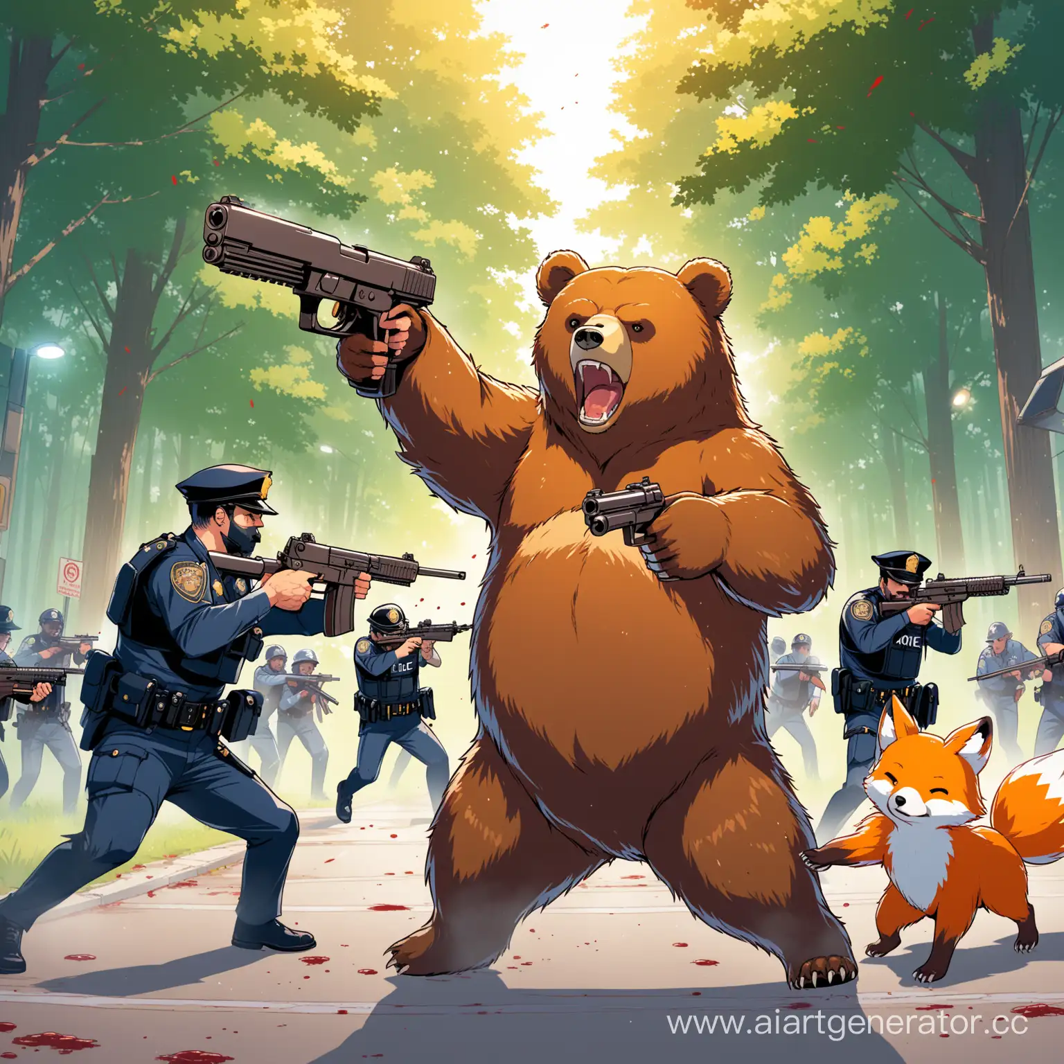 медведь стреляет в полицию и помогает лисе выжить против зомби 