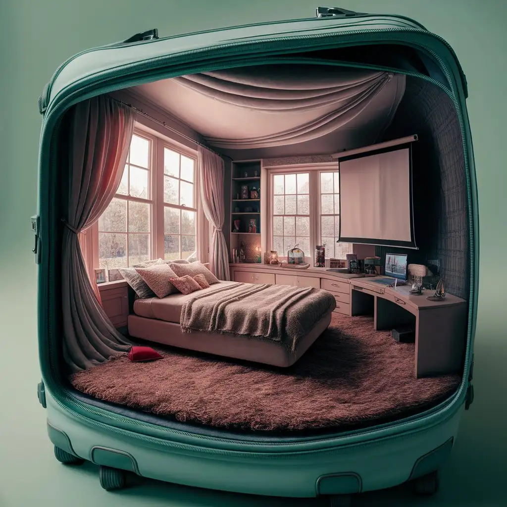 The suitcase is opened. Inside the suitcase is a warm bedroom with windows, curtains, bed, carpet, desk, projector screen, bright colors, youthful beauty, focus, close-up inside the suitcase, and mint green background outside the suitcase.