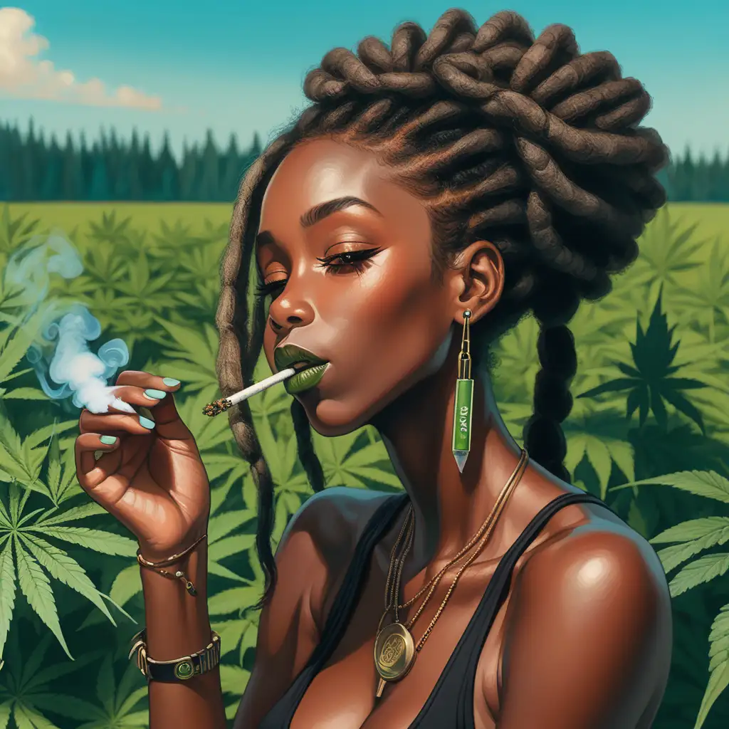 Sexy Black dark skin  Woman with dreadlocs hair smoking a joint in a field of cannabis