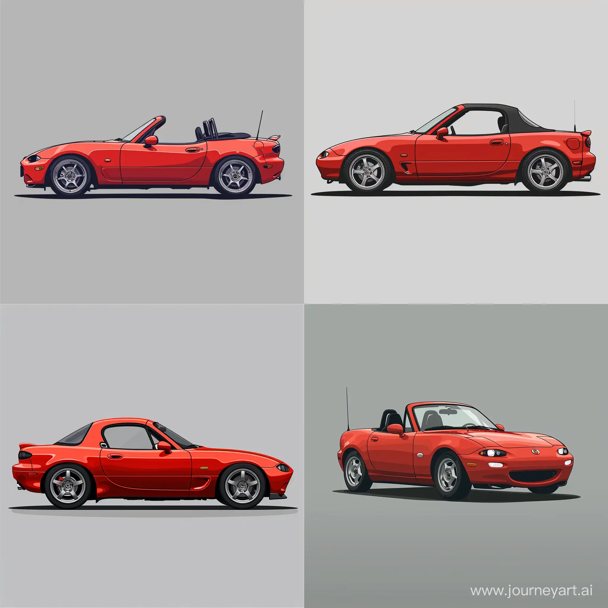 Minimalism 2D Car 2/3 View Illustration of: Red Mazda Miata, Simple Gray Background, Adobe Illustrator Software, High Precision