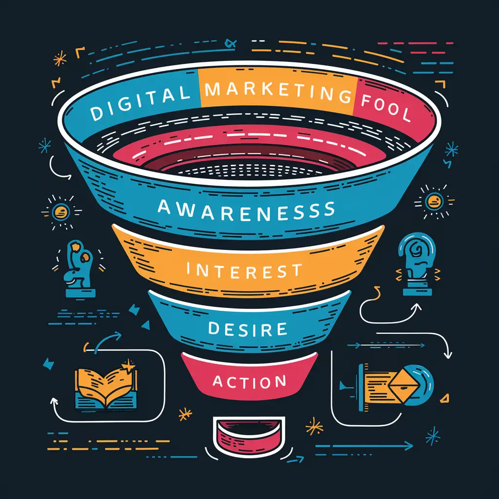 Digital Marketing Funnel Diverse Team Analyzing Data and Optimizing Strategies