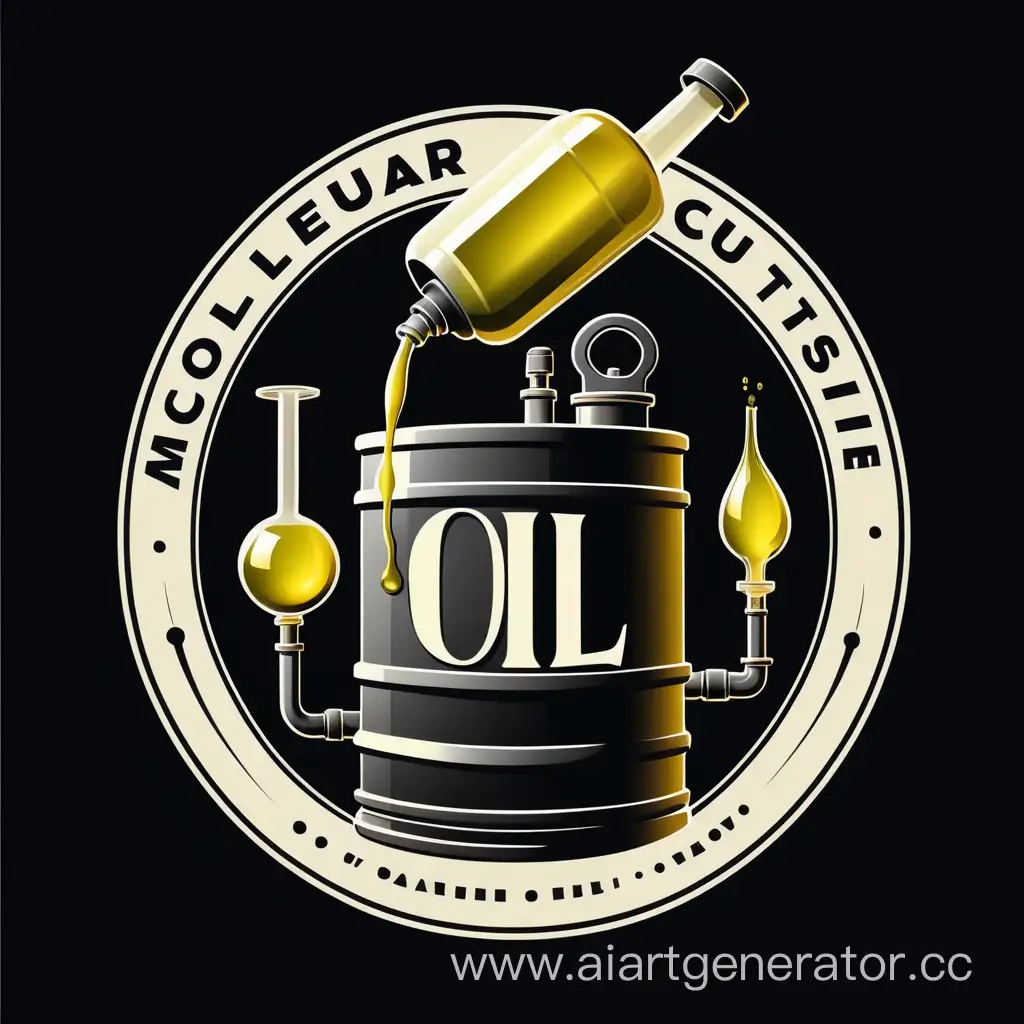 логотип молекулярной кухни с ассоциациями нефти в стиле винтаж на черном фоне больше еды  с бочкой нефти и нефтяной качалкой