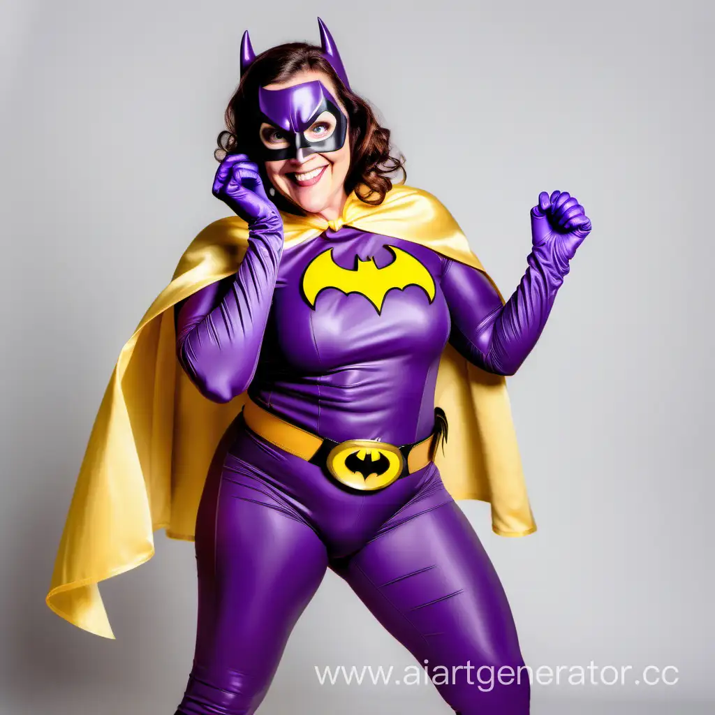 A happy middle aged curvy brunette Caucasian woman in a purple batgirl costume with purple gloves, a yellow cape, a purple mask, and a yellow belt on her knees peeling a banana