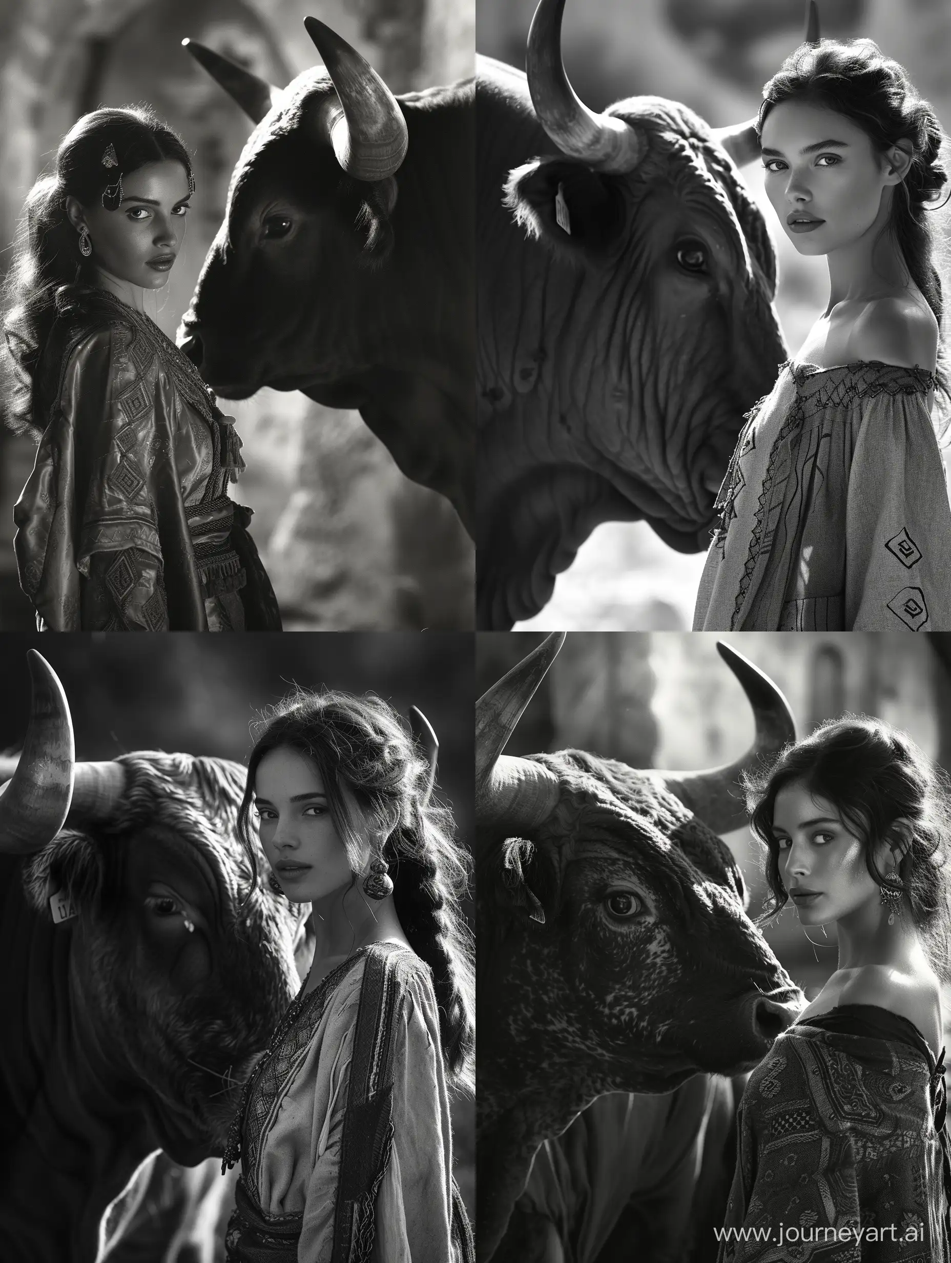 /imagine prompt: A stunning black and white photograph of a beautiful woman dressed in a tunic, standing right next to a horned bull. The woman is captured in a close-up, showing intricate details in her facial features and clothing. The bull is shown in profile, with its horns and muscular build creating strong diagonal lines that draw the viewer's eye towards the center of the image. The lighting is dramatic, with a single light source casting shadows on the woman's face and emphasizing her beauty and the bull's strength. The background is blurred, with a shallow depth of field that emphasizes the focus on the woman and the bull. The composition is dynamic, with the woman and the bull creating a strong contrast between femininity and masculinity. The image has a timeless quality, with the black and white tones adding to the classic and elegant atmosphere of the photograph. It's a perfect fit for those who appreciate the beauty and strength of nature and the human form. 