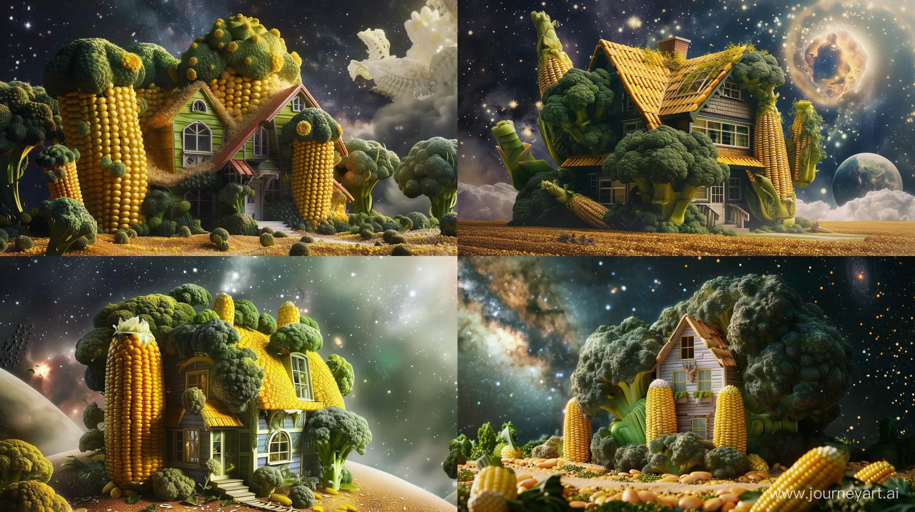 big house in the shape of corn and broccoli, in the galaxy, fantasy style, realistic --ar 16:9