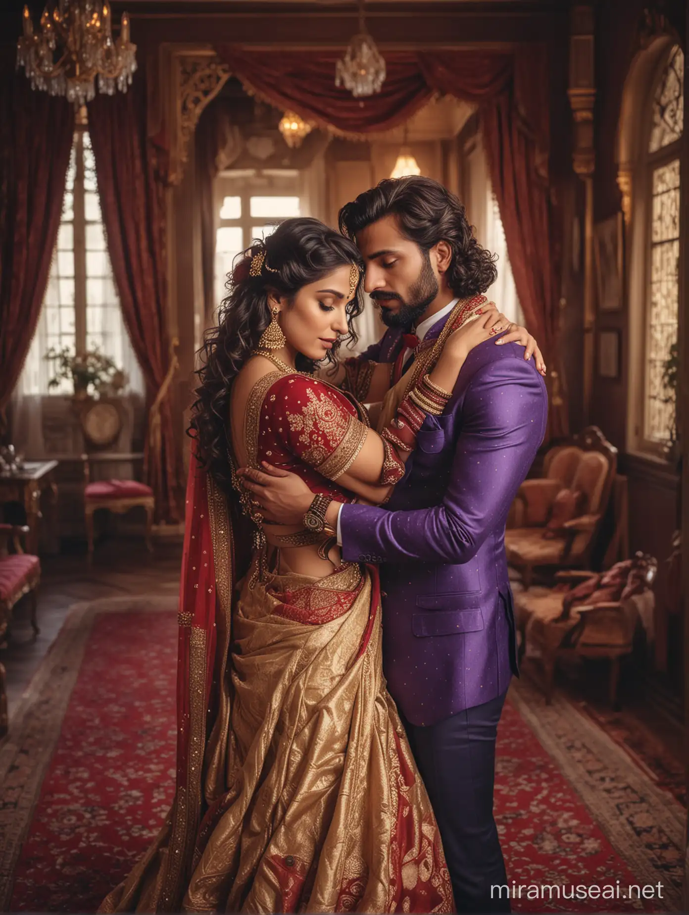 full body view portrait photo of most beautiful european couple as most beautiful indian couple, 28 mm lens, waist shot, most beautiful cute girl in elegant saree, bold color, wide black eyes, full face, girl has long curly hair falling on breasts, full makeup, bridal makeup, perfect red dot on forehead, full jewelry, hair ornaments, antique gold necklace, blouse low cut, girl embracing man and resting forehead on chest of man with deep emotion and ecstasy, man comforting girl with hands around her, man with stylish beard and perfect hair cut, suit and tie, photo realistic,
background, vintage lamps, dimly  lit palace interior ambiance, purple color carpet, interior designs, big window for outside view, romantic atmosphere, intricate details, 8k.