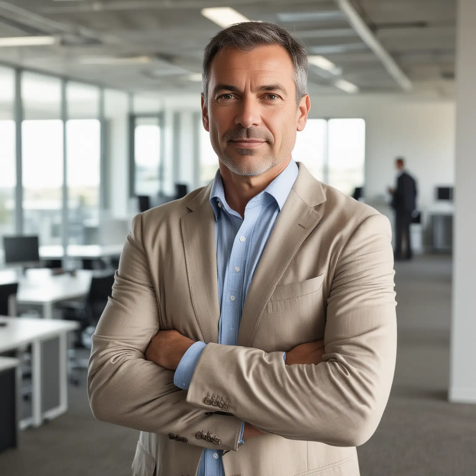a middle aged business man in business casual clothing standing in the center of a large, modern office. the ambient is light and modern, the man is in focus, the background is slightly blurred.