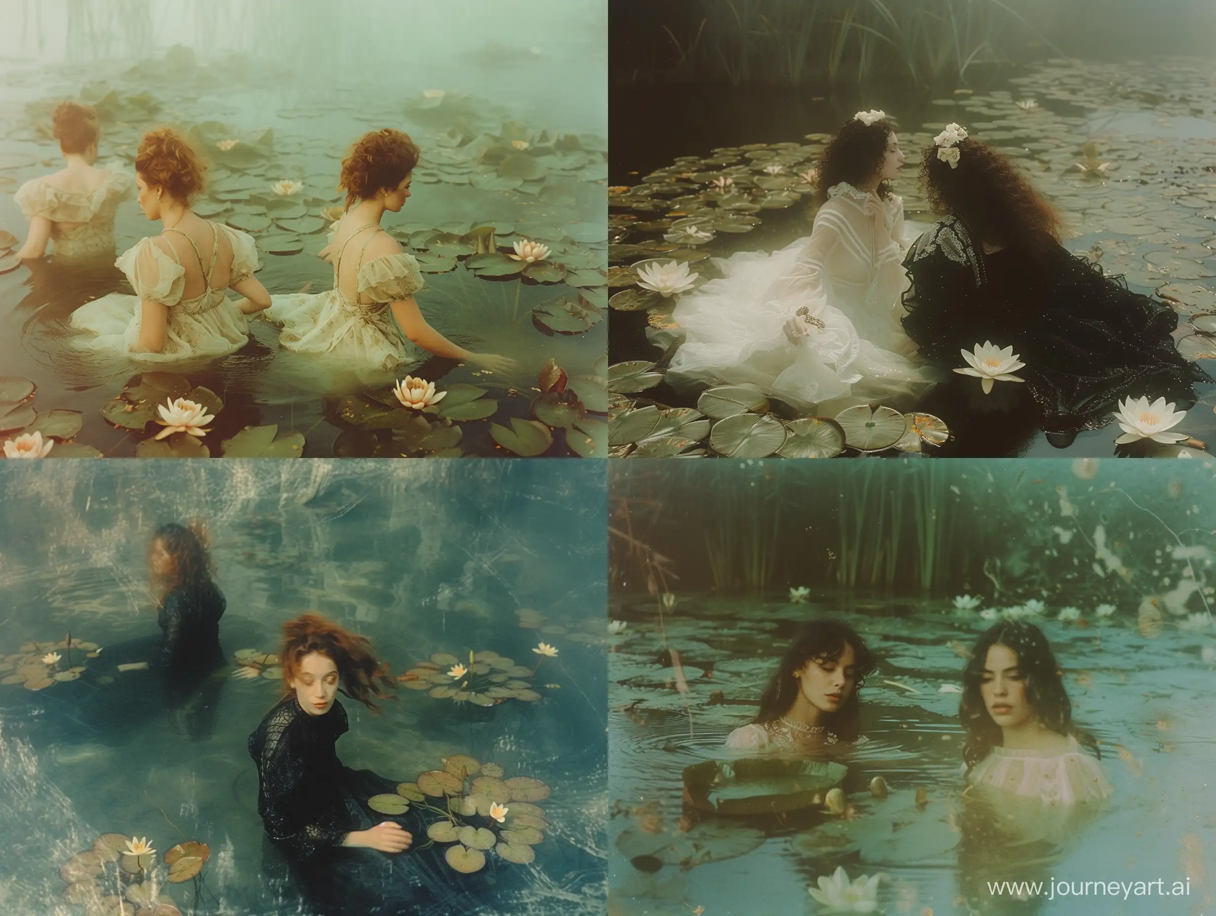 1990s experimental grainy film photography women in a ethereal lake with water lilies 