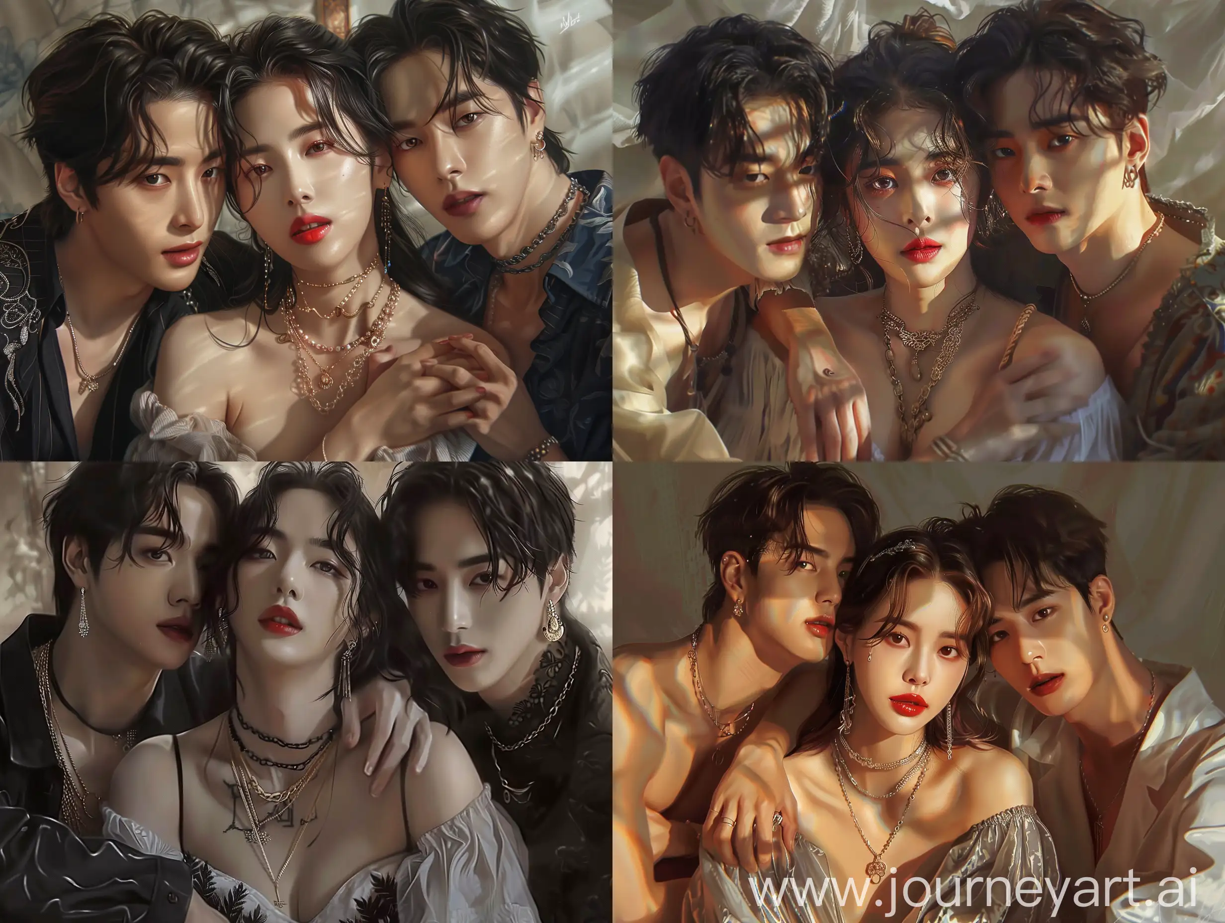 One woman , three men, hugging each other from left to right. The woman sits in the middle and the man stands next to her. Rich family, domineering president, light and shadow changes, the highest quality, super 8K picture quality, the highest picture quality, beautiful eyes, clear, delicate rendering, sketch of red lips, Cai Xukun, Lee Soo Hyuk, necklace, sketch of red lips, exquisite facial features, rich details, Loving eyes, messy hair, necklace, ((clear)), realistic, ((artistic conception)), earrings, youthful look, long eyelashes, realistic, beautiful facial features, close-up portrait, ((illustration)),