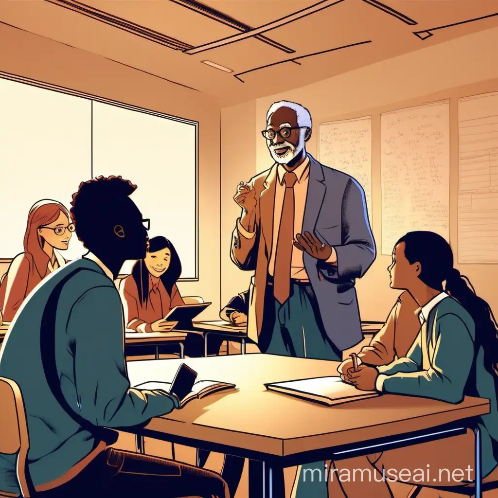 Professor and students having a conversation in a classroom, educational, warm lighting, academic setting, , focused, indoor, diverse group, illustration