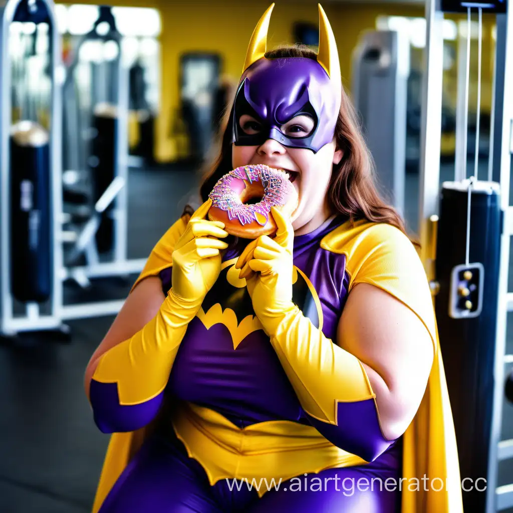 A laughing plus sized  brunette Caucasian teenager wearing a purple and yellow batgirl costume eating a donut at the gym