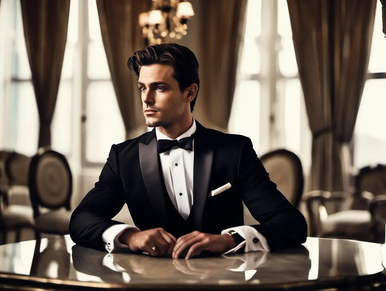 close up of a handsome man with brown hair wearing a tuxedo sits at a table in a luxury drawing room thinking about his next move