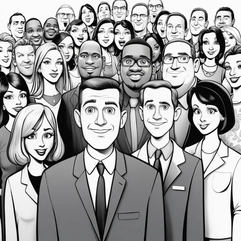 Diverse Church Group in Black and White Realistic Cartoon Style