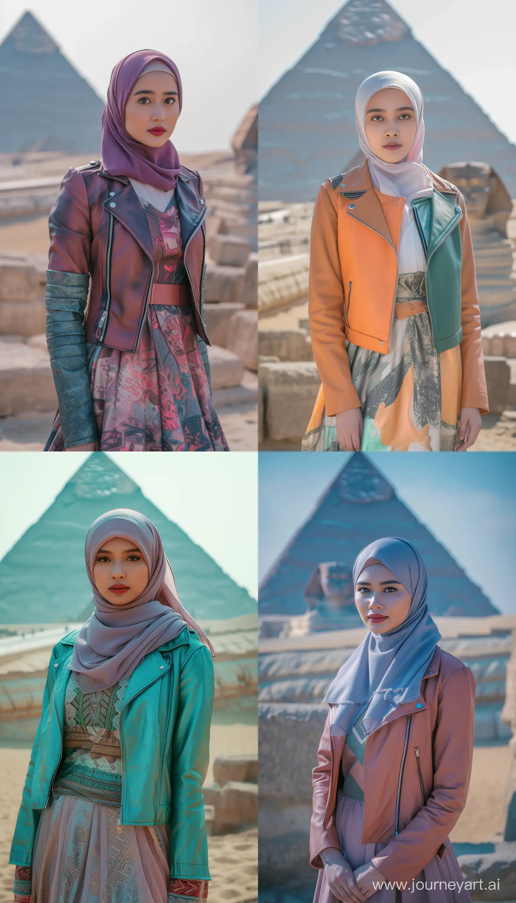 Stunning beautiful young Indonesian woman wearing stylish hijab dress and glitch color leather jacket standing, Great pyramid sphinx egypt background, high quality photography, full shot --ar 4:7 --v 6