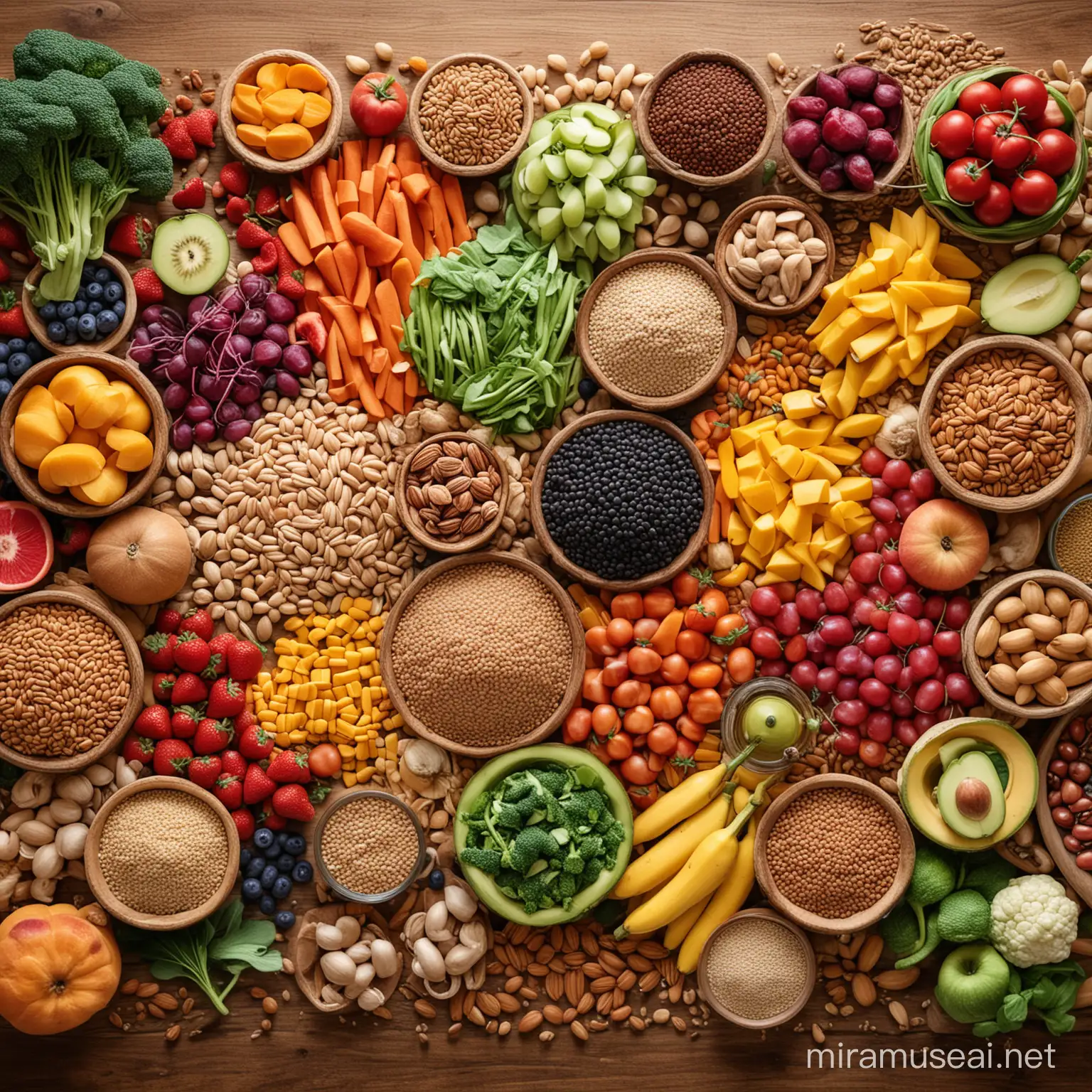 "A colorful array of fruits, vegetables, whole grains, and legumes arranged on a wooden table, showcasing the vibrant variety of fiber-rich foods available. The image evokes a sense of abundance and nourishment, inspiring viewers to prioritize fiber in their daily diet for optimal health and well-being."