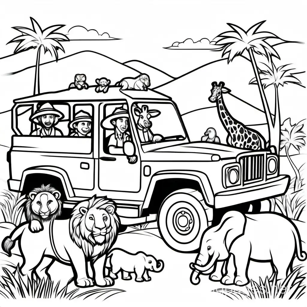 safari tour with animals, Coloring Page, black and white, line art, white background, Simplicity, Ample White Space. The background of the coloring page is plain white to make it easy for young children to color within the lines. The outlines of all the subjects are easy to distinguish, making it simple for kids to color without too much difficulty