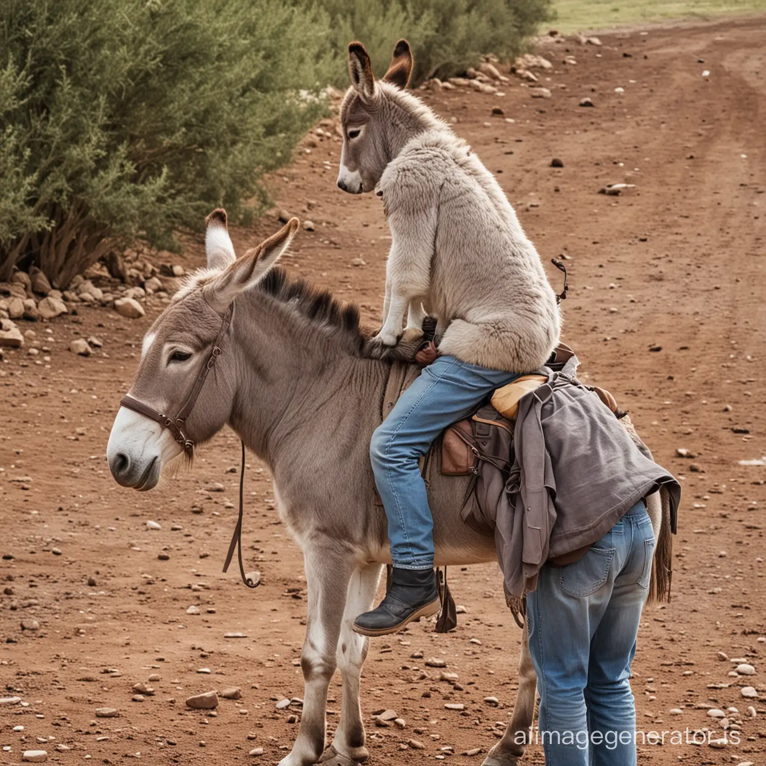 donkey sitting on a man's back