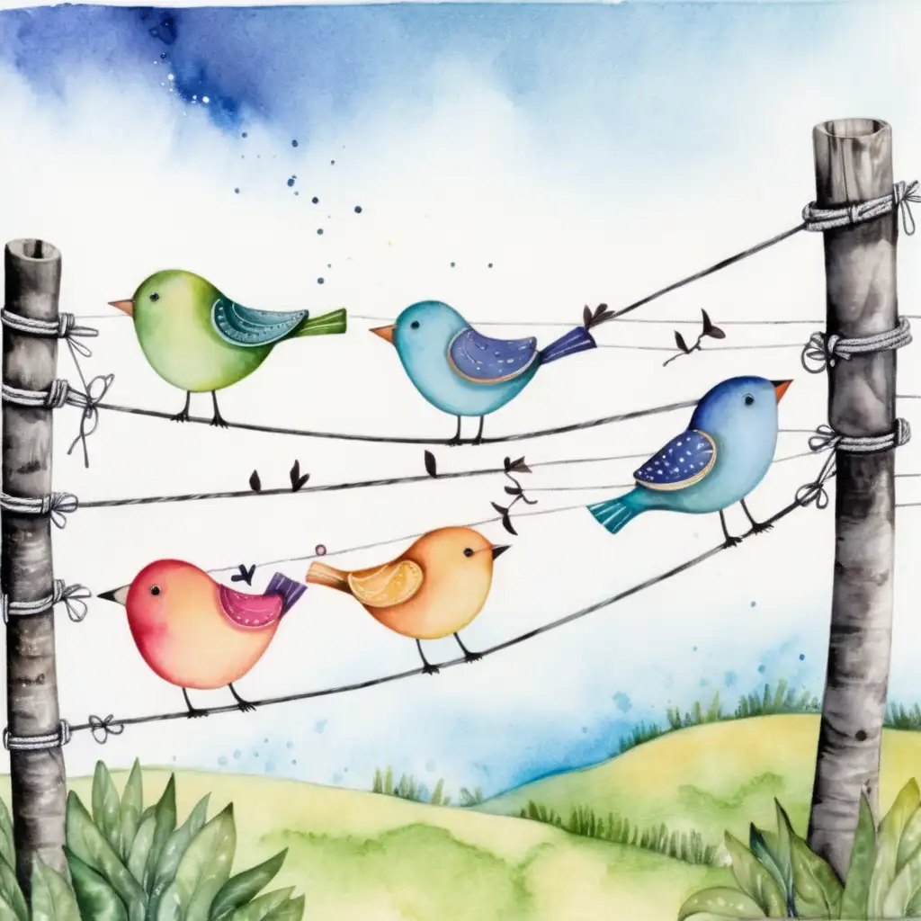 Colorful Birds Perched on Clothesline in Art Journal with Watercolor Splashes