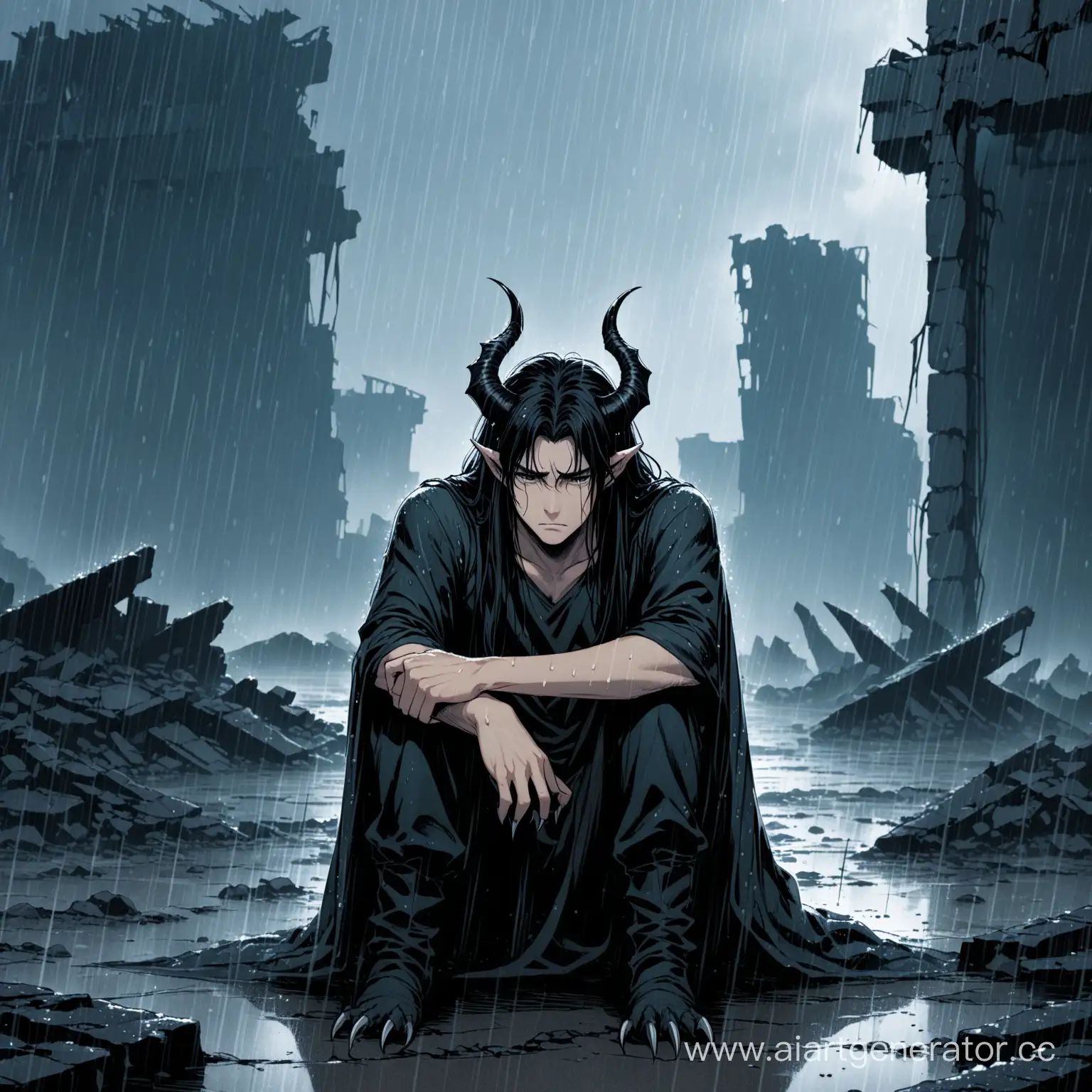 Юноша, тёмные длинные волосы, рога, Руины на фоне, дождь, грустное лицо, когти, сидит на земле