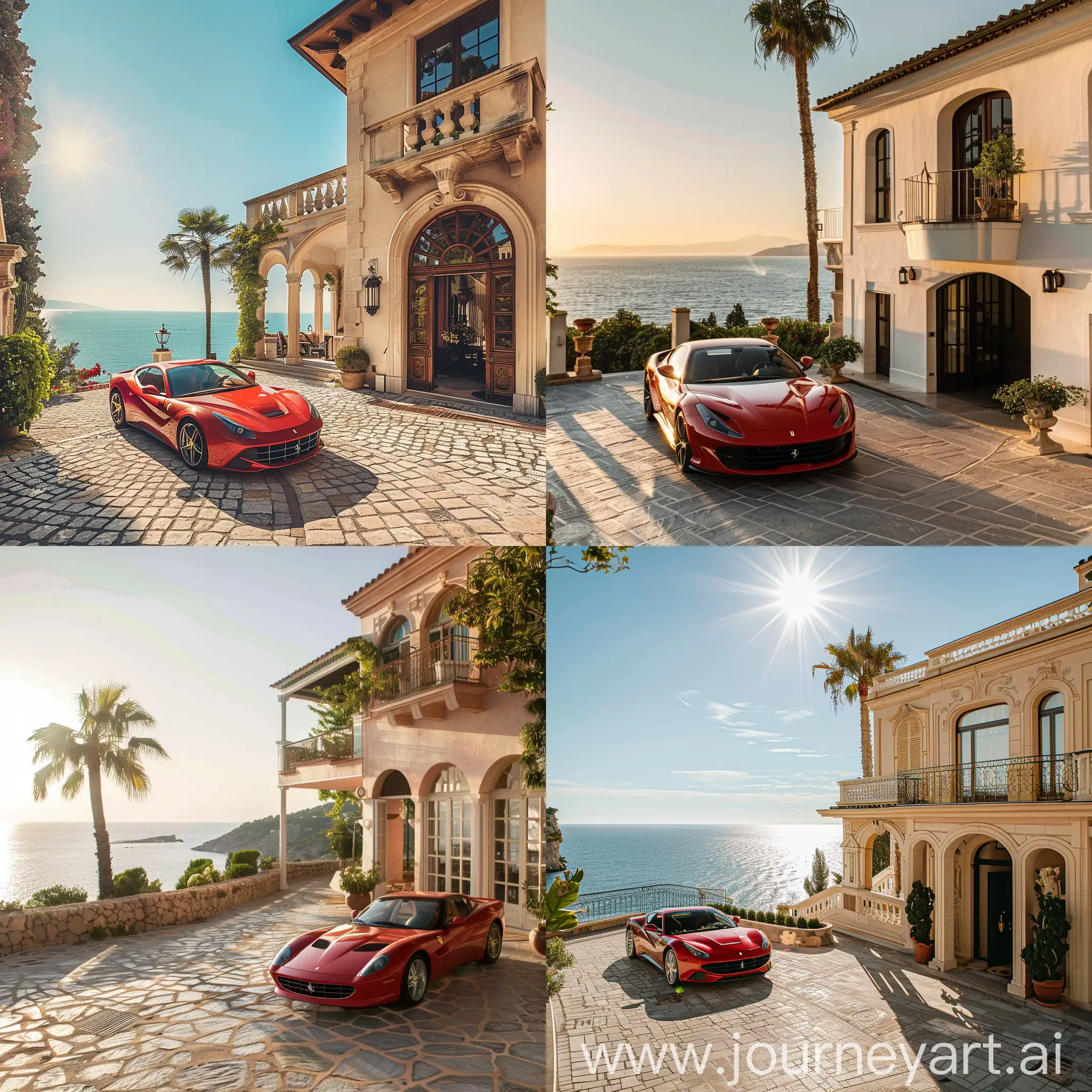 красивая вилла в средиземноморском стиле на берегу моря ласковое солнце рядом с подъездом дома припаркована Ferrari


